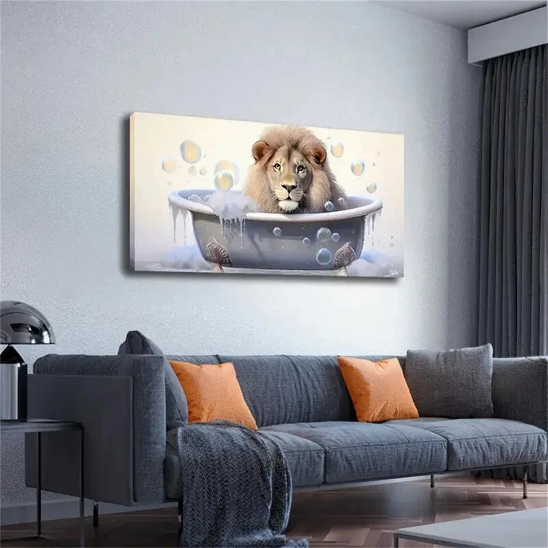 Whimsical Lion Cub in Bathtub Wall Art Canvas Office Home Room Framed 120x60cm