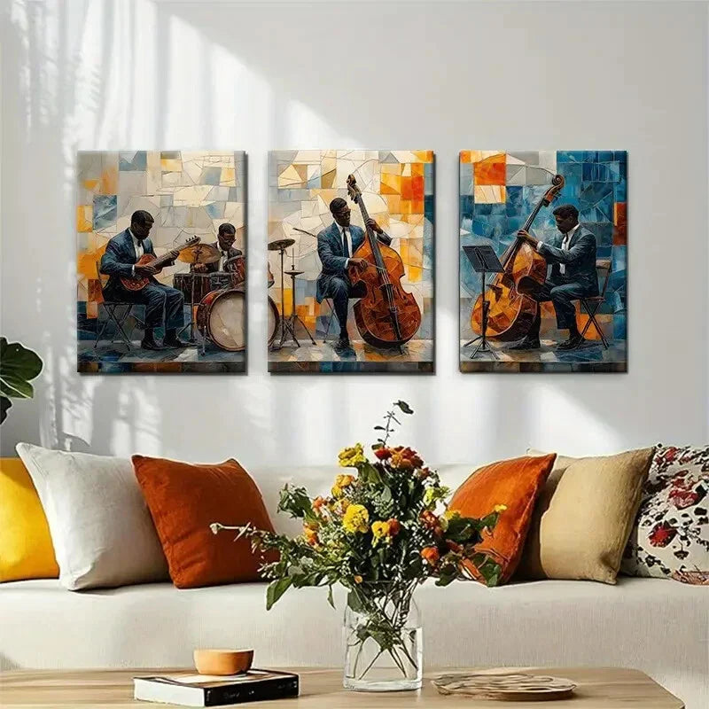 3pcs Vibrant Mosaic Style Guitarist Perfect Wall Art Set Canvas Framed 40x60cm - High Quality Print 100% Australian Made Wall Canvas Ready to Hang