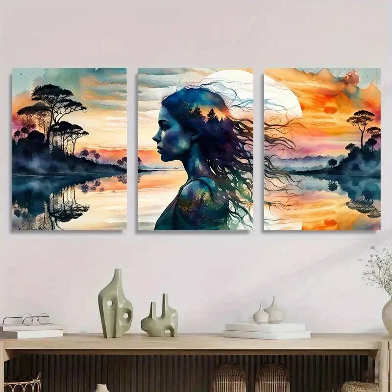 3pcs Watercolor Lake Reflection Woman Silhouette Metal Print Ready to Hang Art