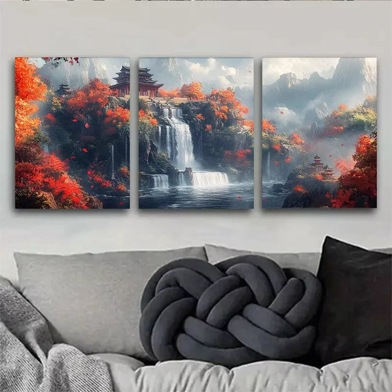 3pcs Autumn Waterfall Chinese Landscape Wall Art Set Canvas Framed 40x60cm - High Quality Print 100% Australian Made Wall Canvas Ready to Hang