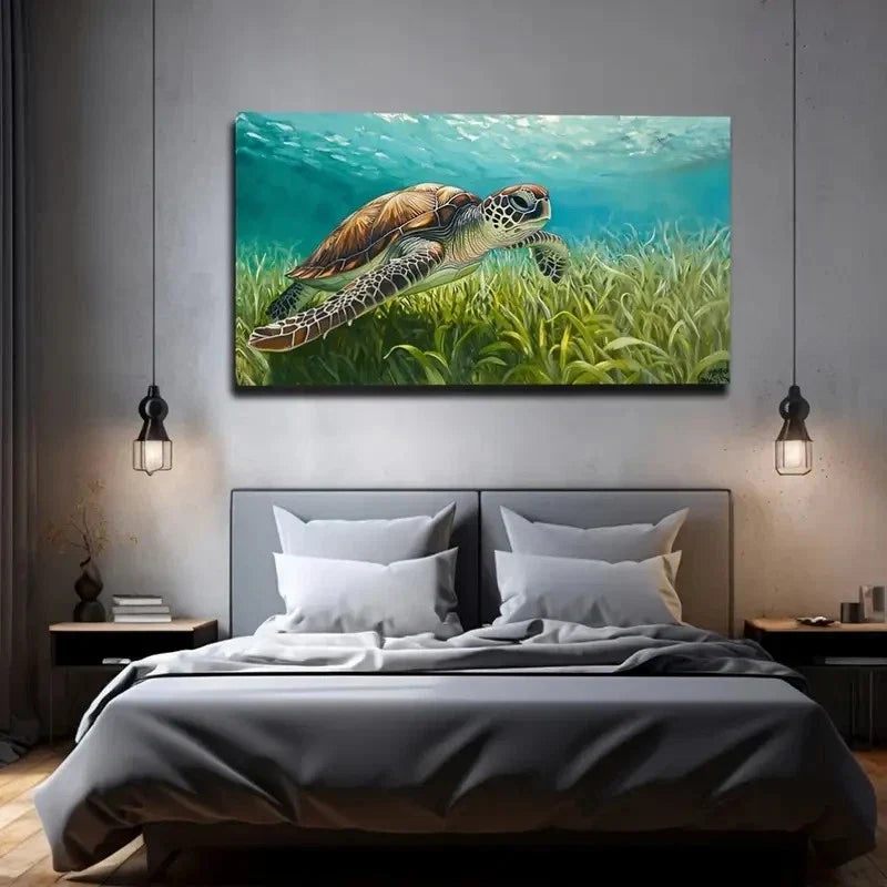Vibrant Sea Turtle In Seagrass Wall Art Canvas Office Home Room Framed 120x60cm