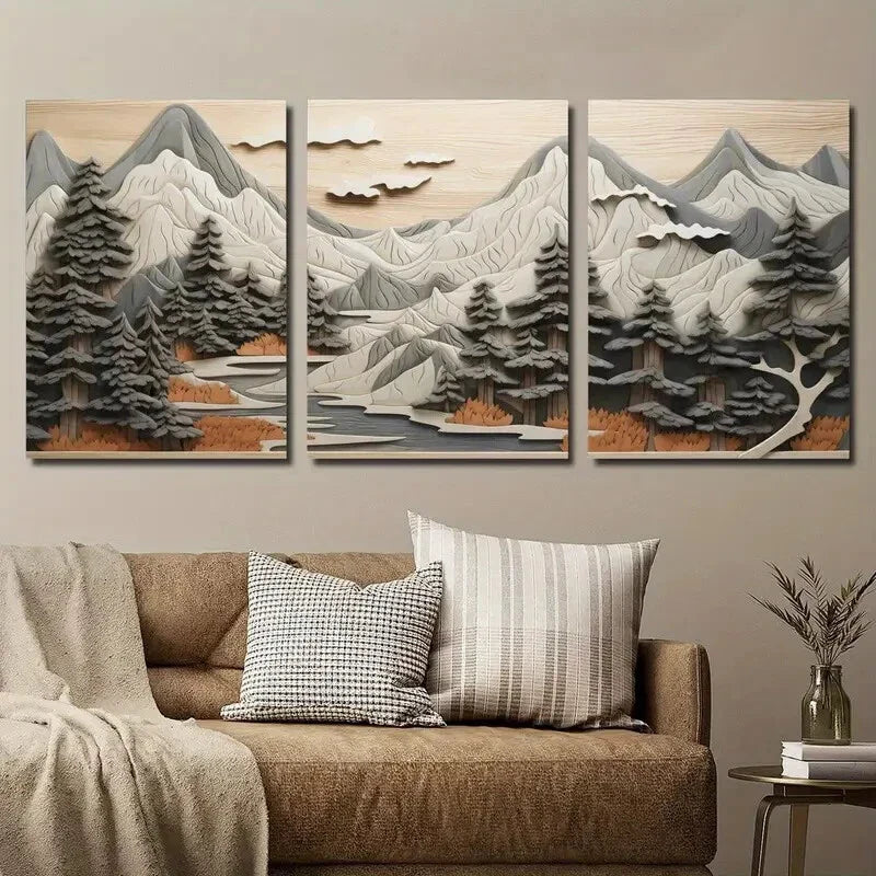 3pcs Forest Scene with Trees and Mountains Wall Art Set Canvas Framed 40x60cm - High Quality Print 100% Australian Made Wall Canvas Ready to Hang