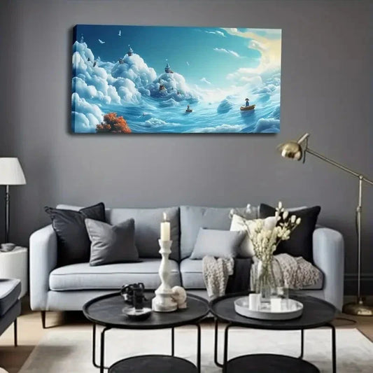 Whimsical Cloud-Stacking Island Wall Art Canvas Office Home Room Framed 120x60cm