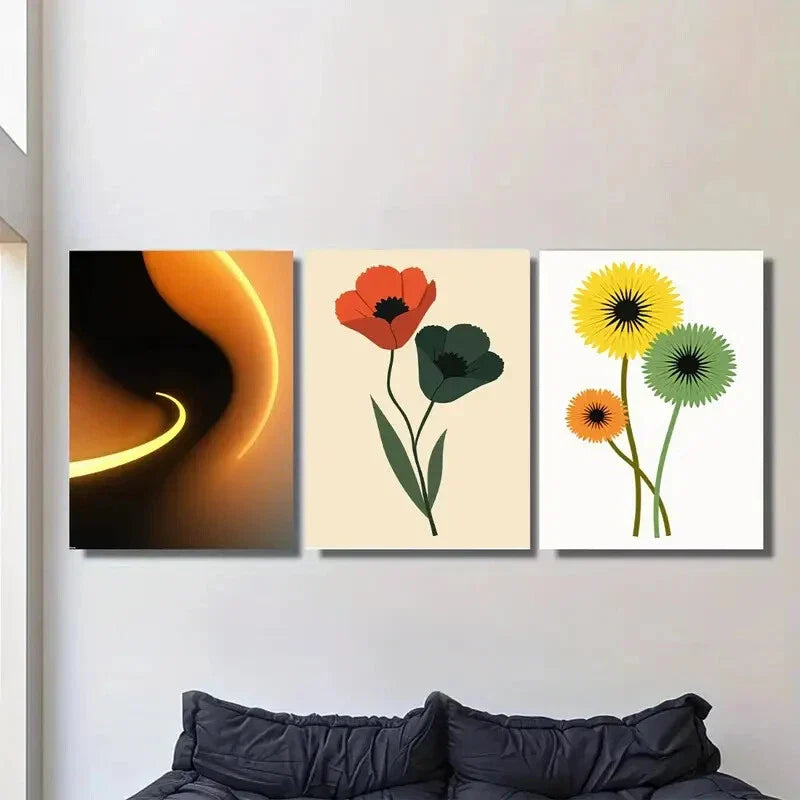 3pcs Modern Abstract Floral & Geometric Metal Print Ready to Hang Art
