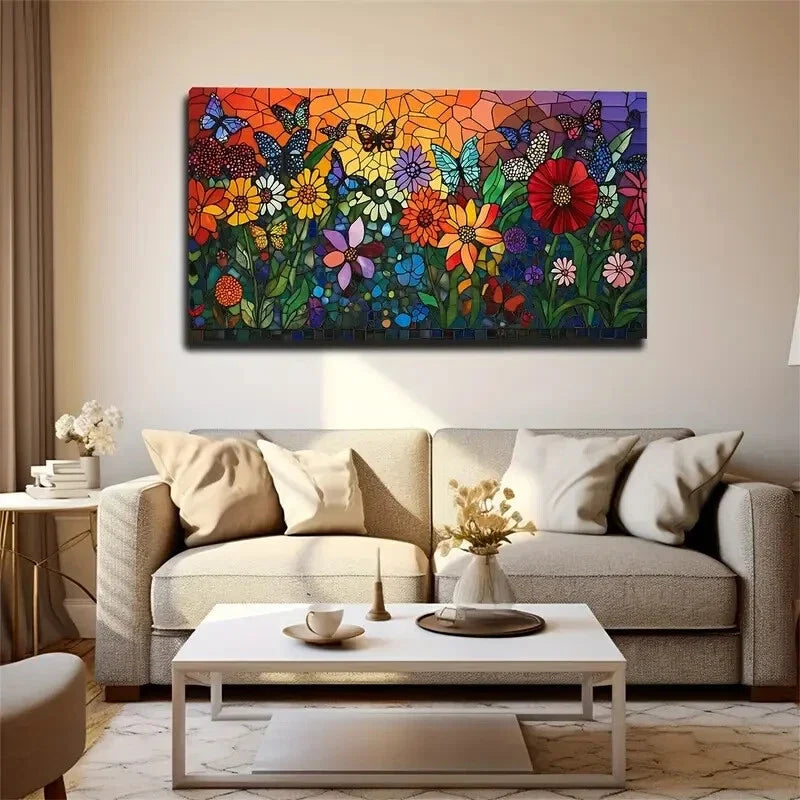Vibrant Floral Stained Glass Wall Art Canvas Office Home Room Framed 120x60cm
