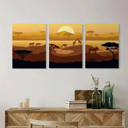 3pcs African Savanna Landscape Minimalist Metal Print Ready to Hang Art