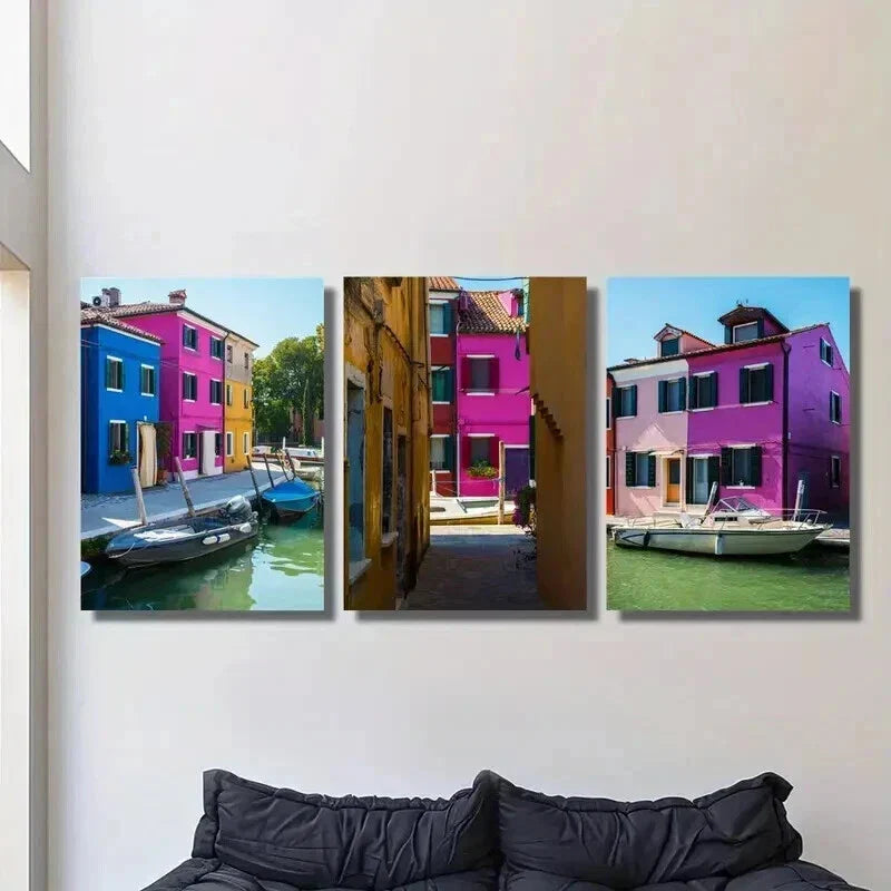 3pcs Colorful Venice Burano Island Canal Scene Wall Art Set Canvas Framed 40x60cm - High Quality Print 100% Australian Made Wall Canvas Ready to Hang