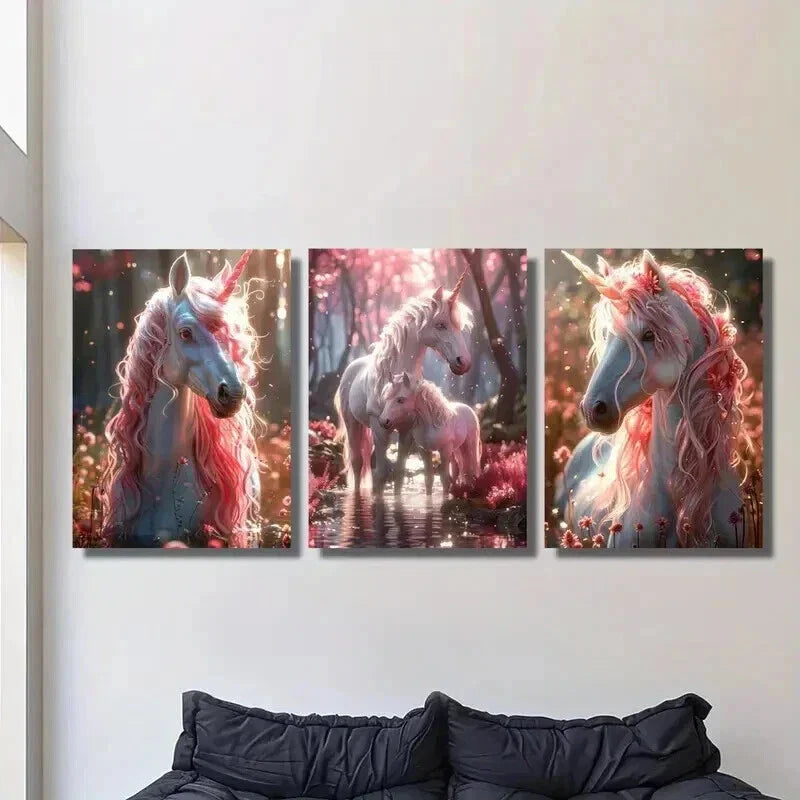 3pcs Pink Hair Unicorn Fantasy Illustration Wall Art Set Canvas Framed 40x60cm - High Quality Print 100% Australian Made Wall Canvas Ready to Hang