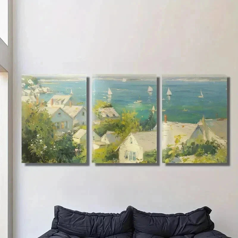 3pcs Cottage by the Sea Ships in the Harbor Wall Art Set Canvas Framed 40x60cm - High Quality Print 100% Australian Made Wall Canvas Ready to Hang