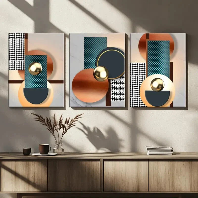 3pcs Vibrant Fantasy Modern Gold & Blue Rounds Wall Art Set Canvas Framed 40x60cm - High Quality Print 100% Australian Made Wall Canvas Ready to Hang