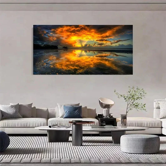 Sunset Mirror Lake Aesthetic Wall Art Canvas Office Home Room Framed 120x60cm