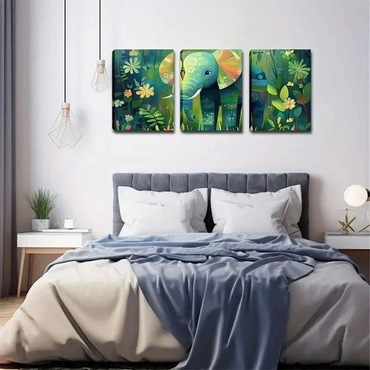 3pcs Elephant Walking in Rainforest Tropical  Wall Art Set Canvas Framed 40x60cm - High Quality Print 100% Australian Made Wall Canvas Ready to Hang