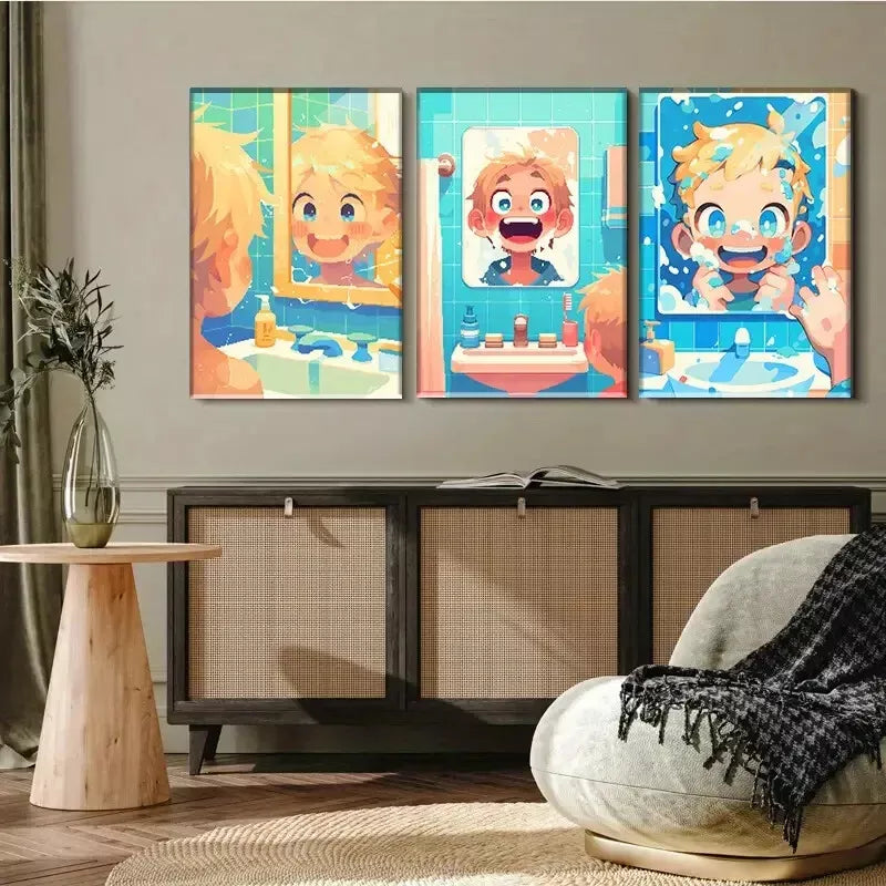 3pcs  Cute Boy Washing Face Comic - style Wall Art Set Canvas Framed 40x60cm - High Quality Print 100% Australian Made Wall Canvas Ready to Hang