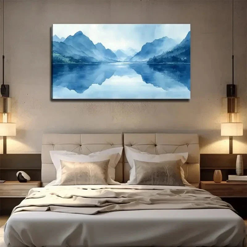 Blue Mountain And Lake Lands Wall Art Canvas Office Home Room Framed 80x45cm