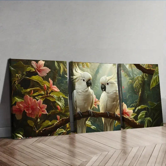 3pcs White Cockatoos on Branches Nature Perfect Wall Art Set Canvas Framed 40x60cm - High Quality Print 100% Australian Made Wall Canvas Ready to Hang