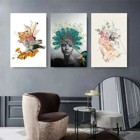 3pcs Floral & Feathers Woman Portrait Birds Metal Print Ready to Hang Art