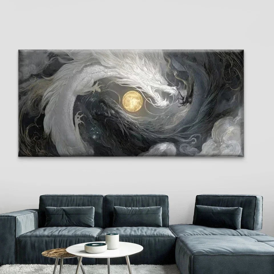 Dragon & Cloud Patterns Wall Art Canvas Office Home Room Framed 80x45cm