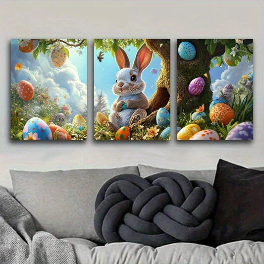 3pcs Vibrant Bunnies Eggs & Floral Blooms Metal Print Ready to Hang Art