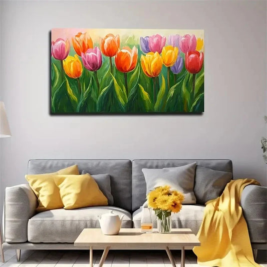 Vibrant Floral Tulip Modern Wall Art Canvas Office Home Room Framed 80x45cm