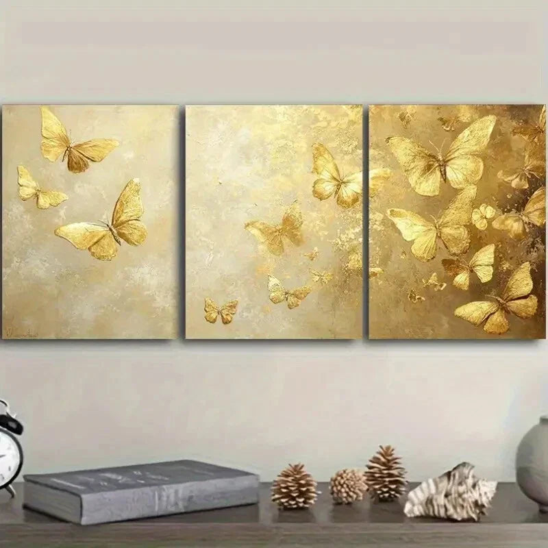 3pcs Golden Foil Butterfly Oil Paintings Metal Print Ready to Hang Art