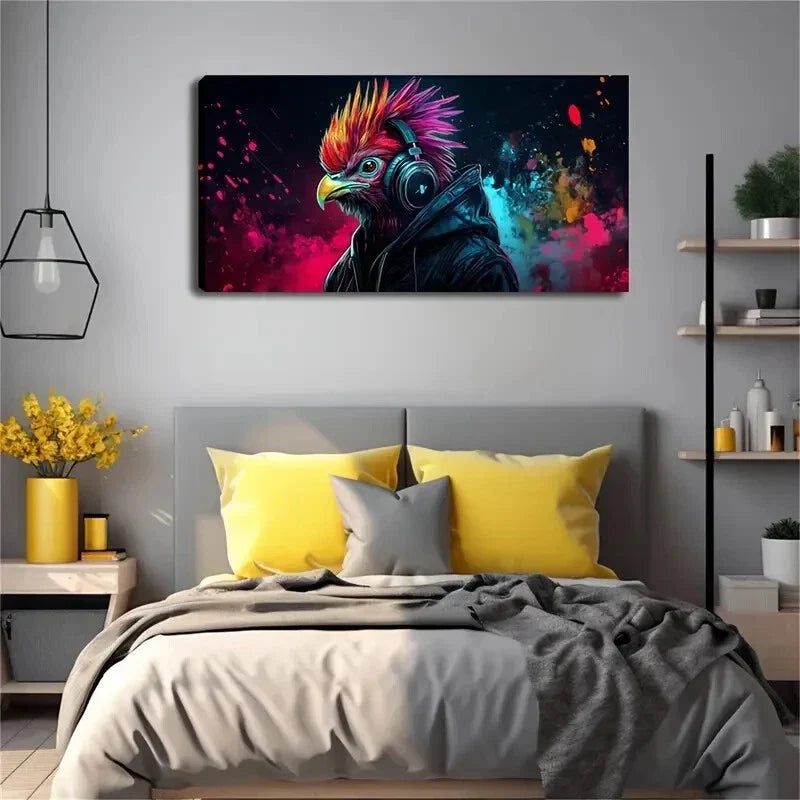 Abstract Rooster with Headphone Wall Art Canvas Office Home Room Framed 120x60cm