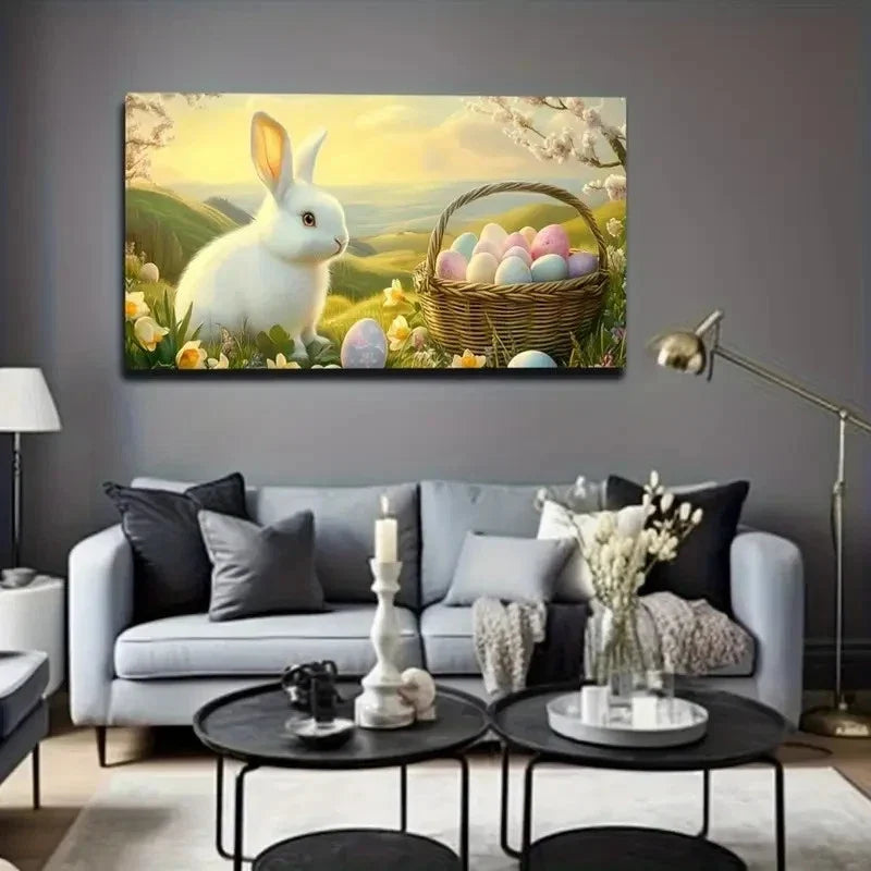 Spring Bunny & Easter Eggs Wall Art Canvas Office Home Room Framed 120x60cm
