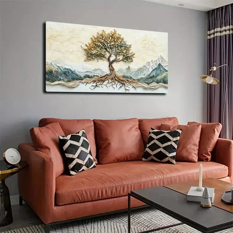 Serene Tree Landscape Yellow Wall Art Canvas Office Home Room Framed 120x60cm