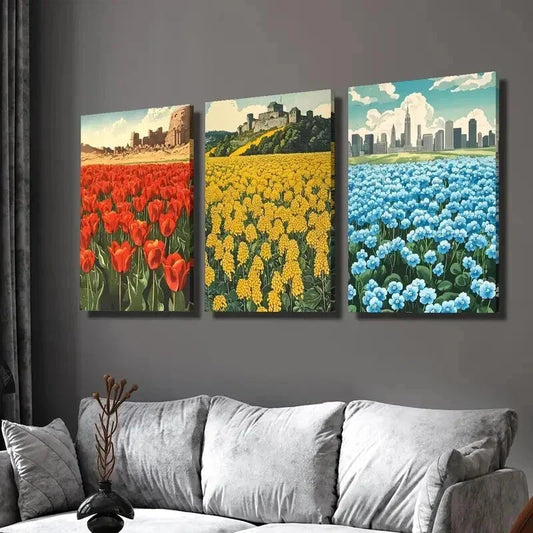 3pcs Red Yellow and Blue Flower Field Wall Art Set Canvas Framed 40x60cm - High Quality Print 100% Australian Made Wall Canvas Ready to Hang