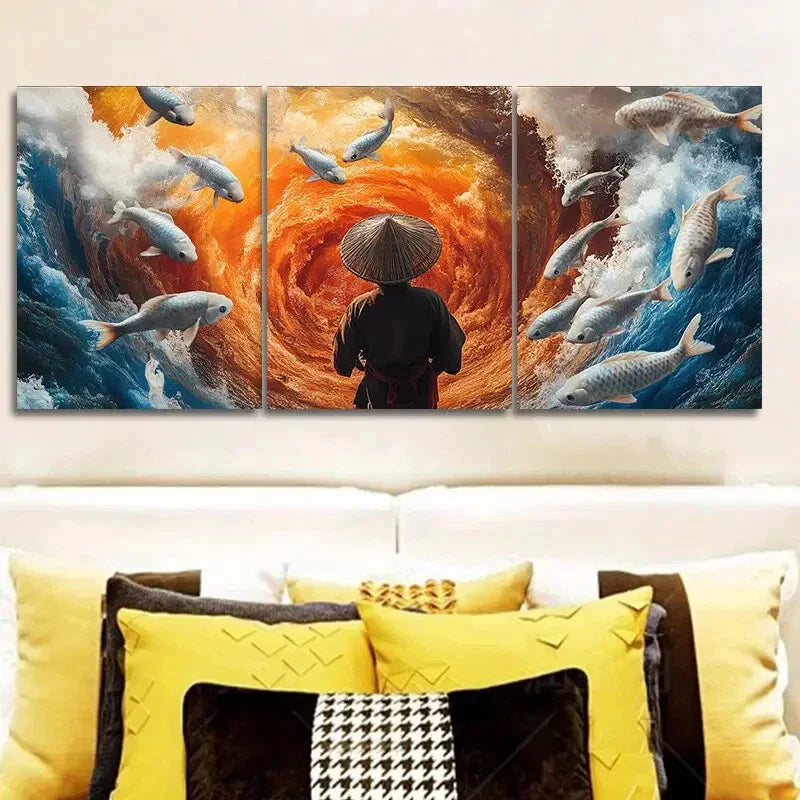 3pcs Fisherman, Koi Art Painting Metal Print Ready to Hang Art