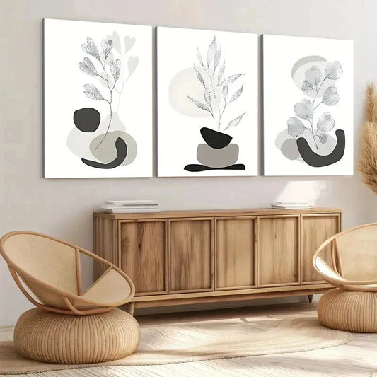 3pcs Beige Gray Liner Florals Leaves Black Stone Wall Art Set Canvas Framed 40x60cm - High Quality Print 100% Australian Made Wall Canvas Ready to Hang