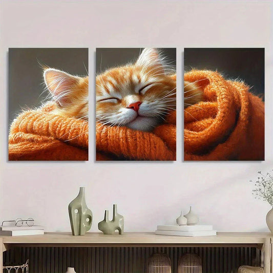 3pcs Cozy Ginger Cat Blanket Design Metal Print Ready to Hang Art
