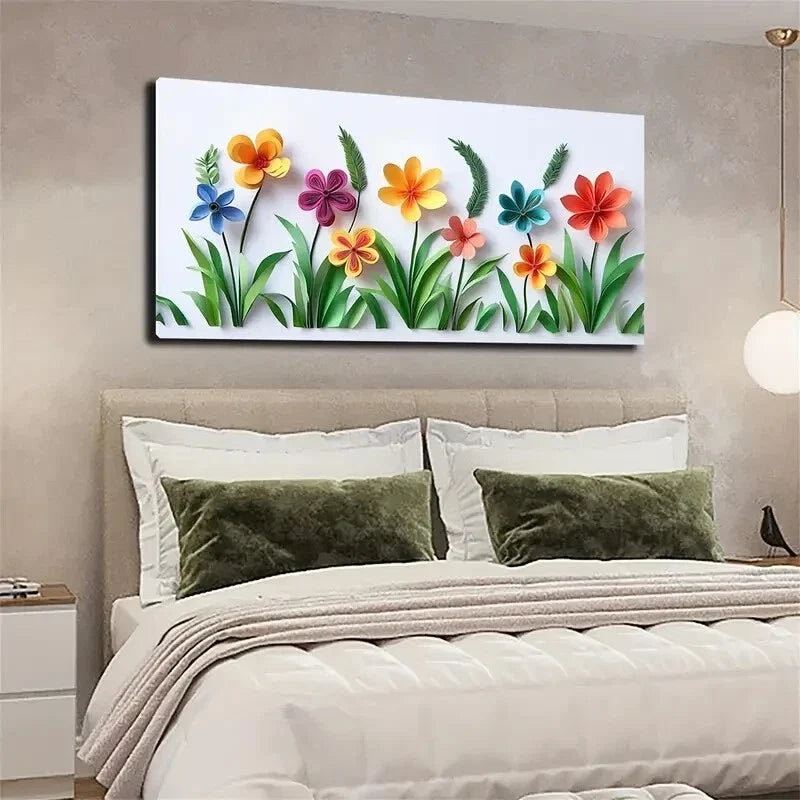 Vibrant Paper Flowers Green Wall Art Canvas Office Home Room Framed 120x60cm