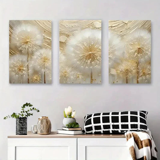 3pcs White and Golden Floral Elegant Metal Print Ready to Hang Art