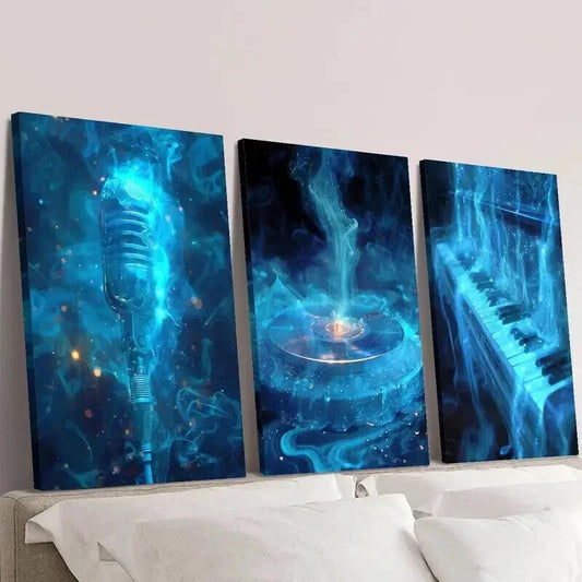 3pcs Blue Smokey Microphone Vinyl Record Piano Wall Art Set Canvas Framed 40x60cm - High Quality Print 100% Australian Made Wall Canvas Ready to Hang