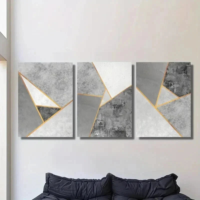 3pcs Grey and Golden Geometric Designs Wall Art Set Canvas Framed 40x60cm - High Quality Print 100% Australian Made Wall Canvas Ready to Hang