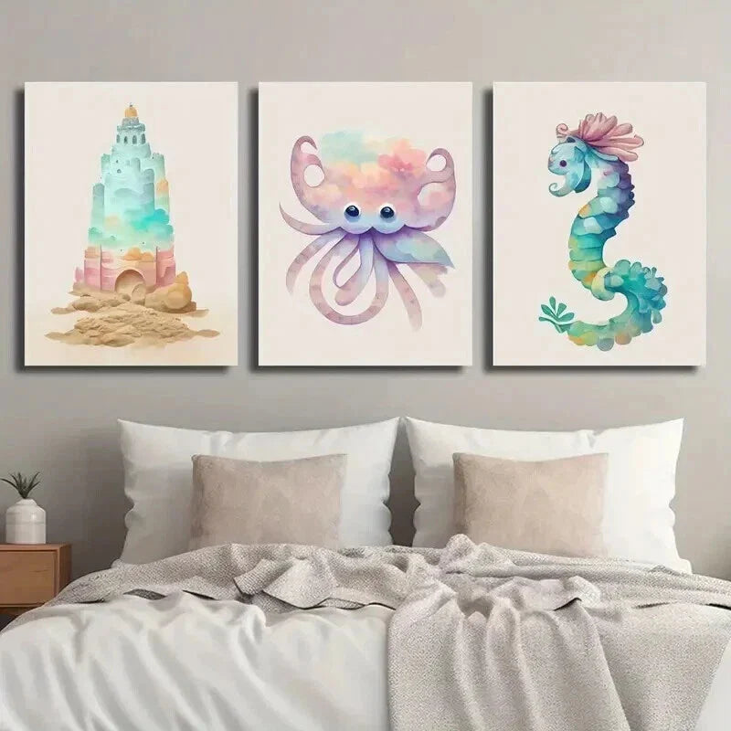 3pcs Sandstone Castle Octopus Seahorse Wall Art Set Canvas Framed 40x60cm - High Quality Print 100% Australian Made Wall Canvas Ready to Hang
