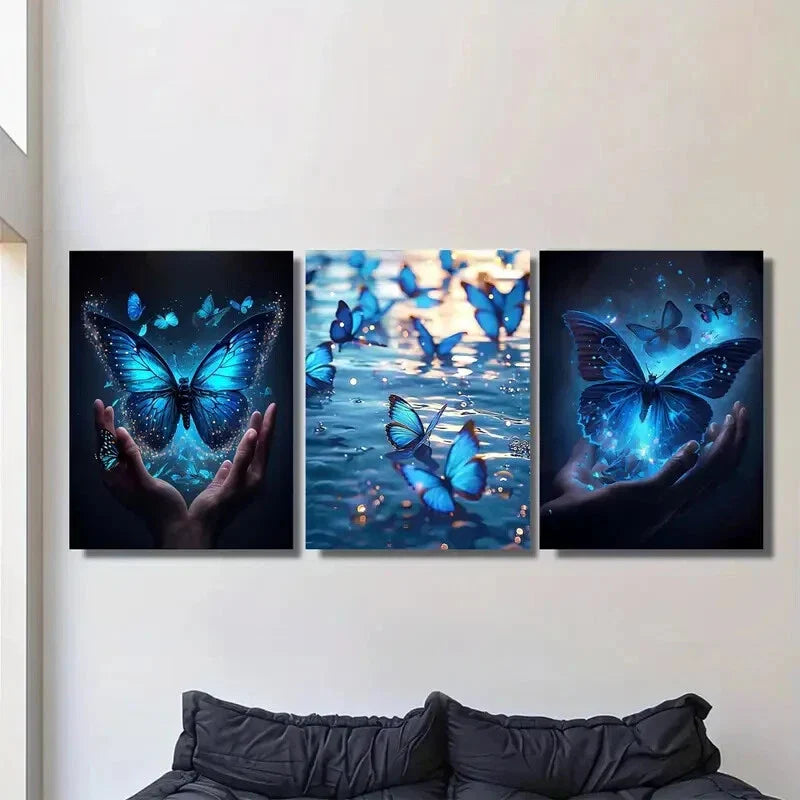 3pcs Blue Butterfly Triptych Vibrant Blue Metal Print Ready to Hang Art