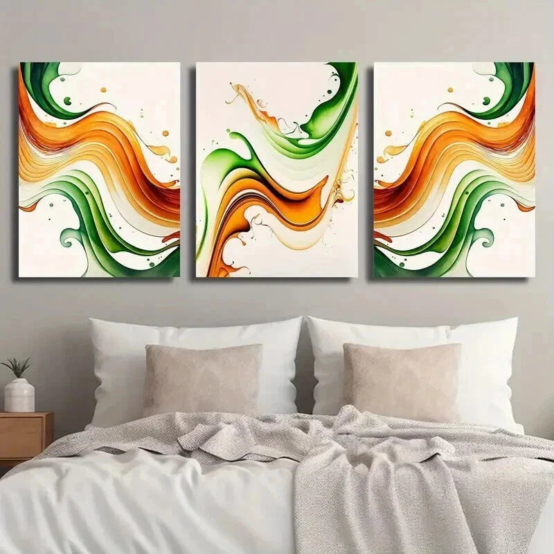 3pcs Burnt Orange & Emerald Green Wavy Wall Art Set Canvas Framed 40x60cm - High Quality Print 100% Australian Made Wall Canvas Ready to Hang