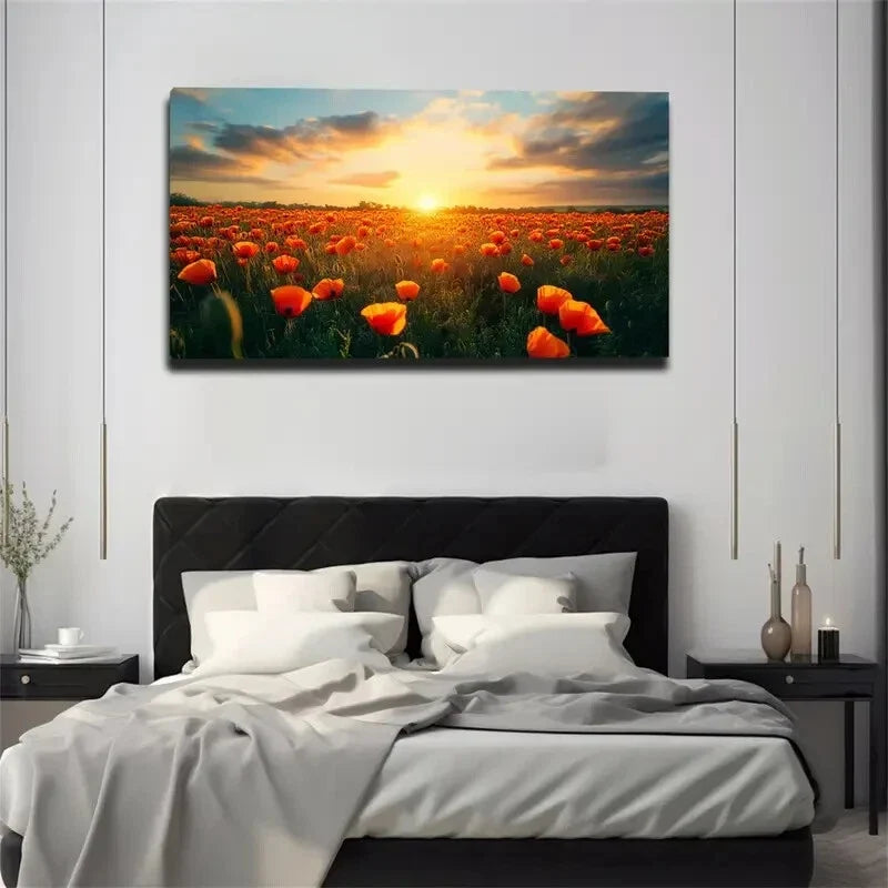 Blooming Orange Poppy Wall Art Canvas Office Home Room Framed 120x60cm