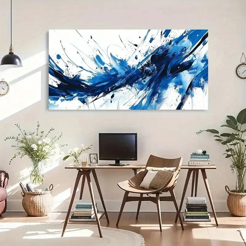 Dynamic Blue White Waves Design Wall Art Canvas Office Home Room Framed 80x45cm