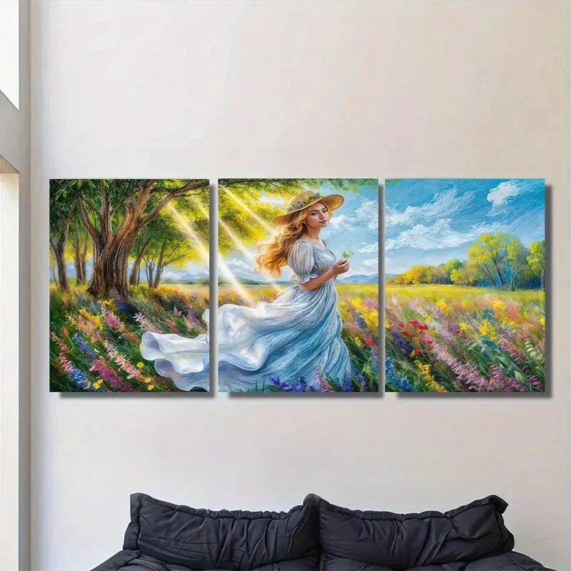 3pcs Panel Elegant Woman in Nature Metal Print Ready to Hang Art