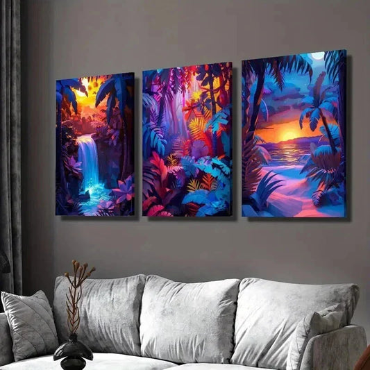 3pcs Tropical Waterfall Jungle Sunset & Beach Wall Art Set Canvas Framed 40x60cm - High Quality Print 100% Australian Made Wall Canvas Ready to Hang