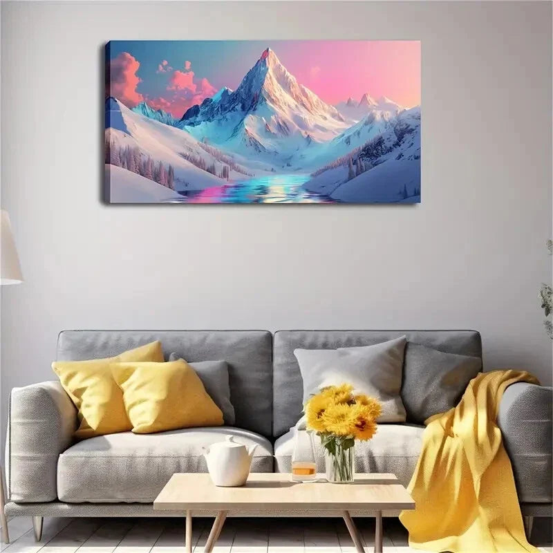 Snowy Mountain Landscape Blue Wall Art Canvas Office Home Room Framed 120x60cm