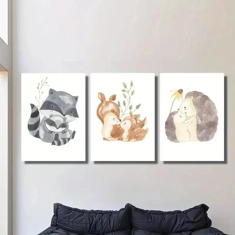 3pcs Raccoon Hedgehog Squirrel Families Wall Art Set Canvas Framed 40x60cm - High Quality Print 100% Australian Made Wall Canvas Ready to Hang