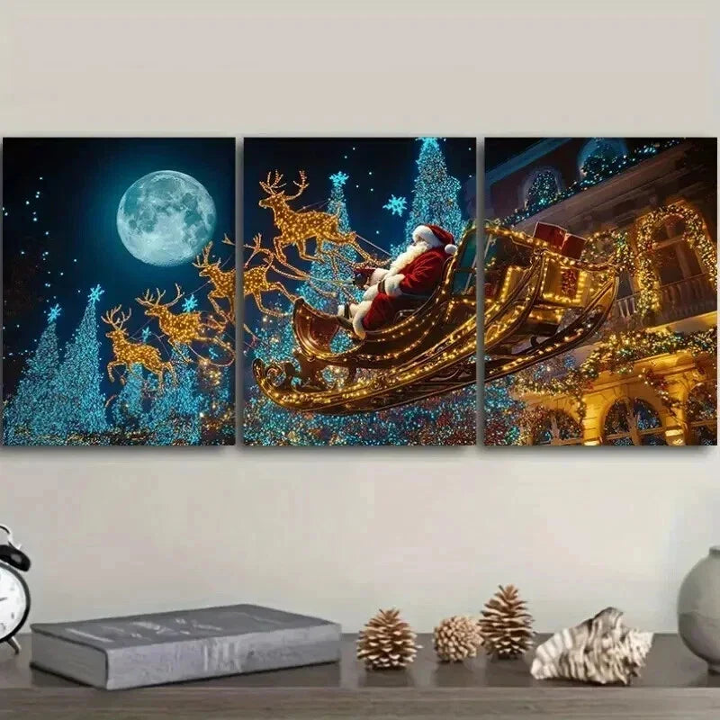 3pcs Festive Santa Claus Sleigh Ride Wall Art Set Canvas Framed 40x60cm - High Quality Print 100% Australian Made Wall Canvas Ready to Hang