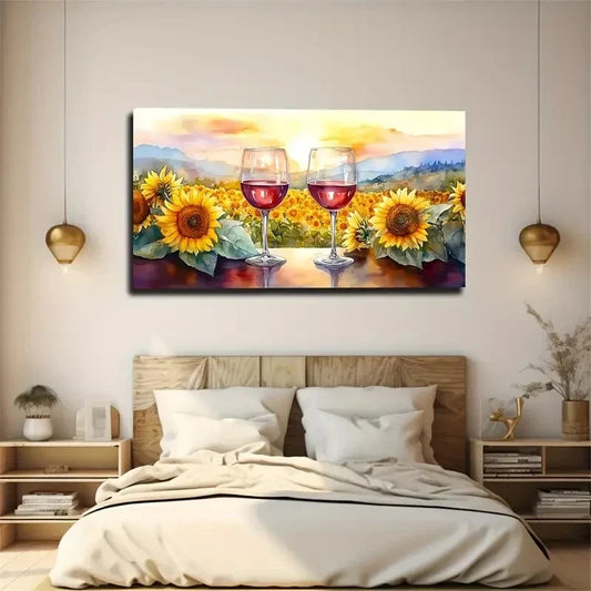 Sunflowers Wine Glasses & Wall Art Canvas Office Home Room Framed 120x60cm