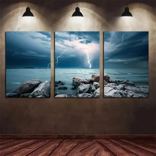 3pcs Dark Storm Sky Lightning Black Stones Metal Print Ready to Hang Art