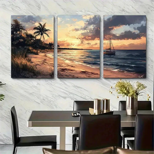 3pcs Beach Scenery with Sailboat Palm Trees Metal Print Ready to Hang Art