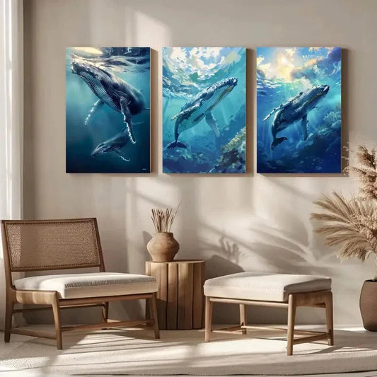 3pcs Humpback Whale and Her Calf Metal Print Ready to Hang Art