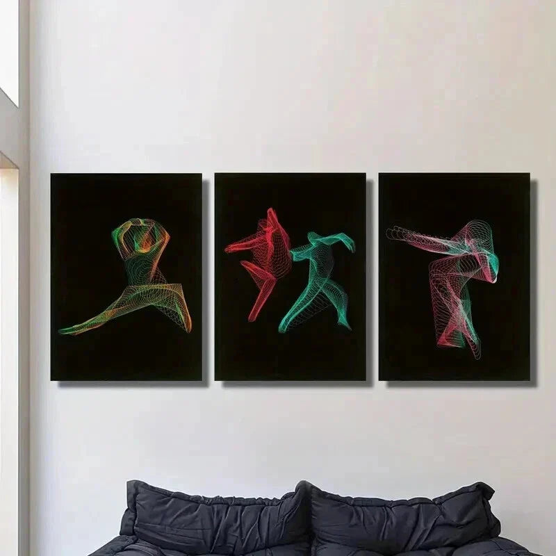 3pcs Dance Art with Neon Lines and Bright Colors Wall Art Set Canvas Framed 40x60cm - High Quality Print 100% Australian Made Wall Canvas Ready to Hang